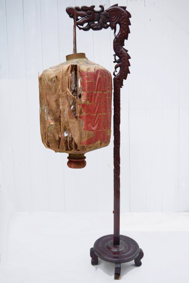 China - Circa 1900 Carved Wooden Lantern Holder With Coiled Dragon. 