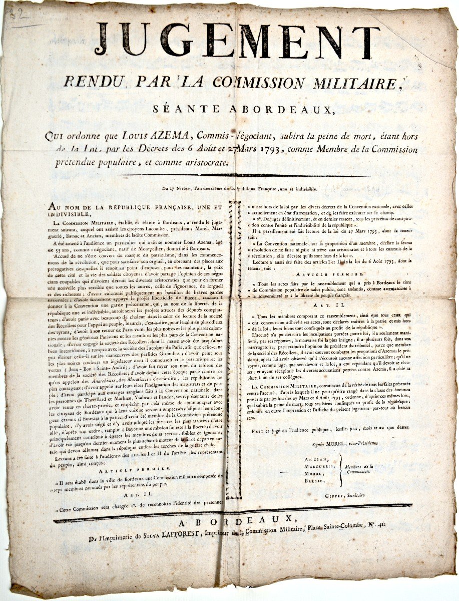 Bordeaux Military Commission Judgment, Death Penalty, 1797