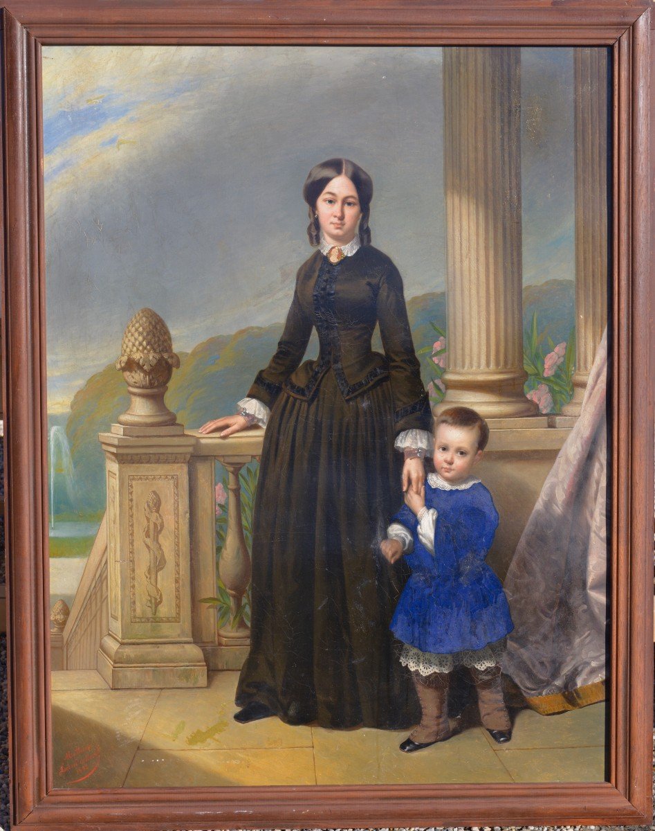 Mathias Leiendecker (1822 - 1871) " Mère Et Fils" Huile Sur Toile 1852