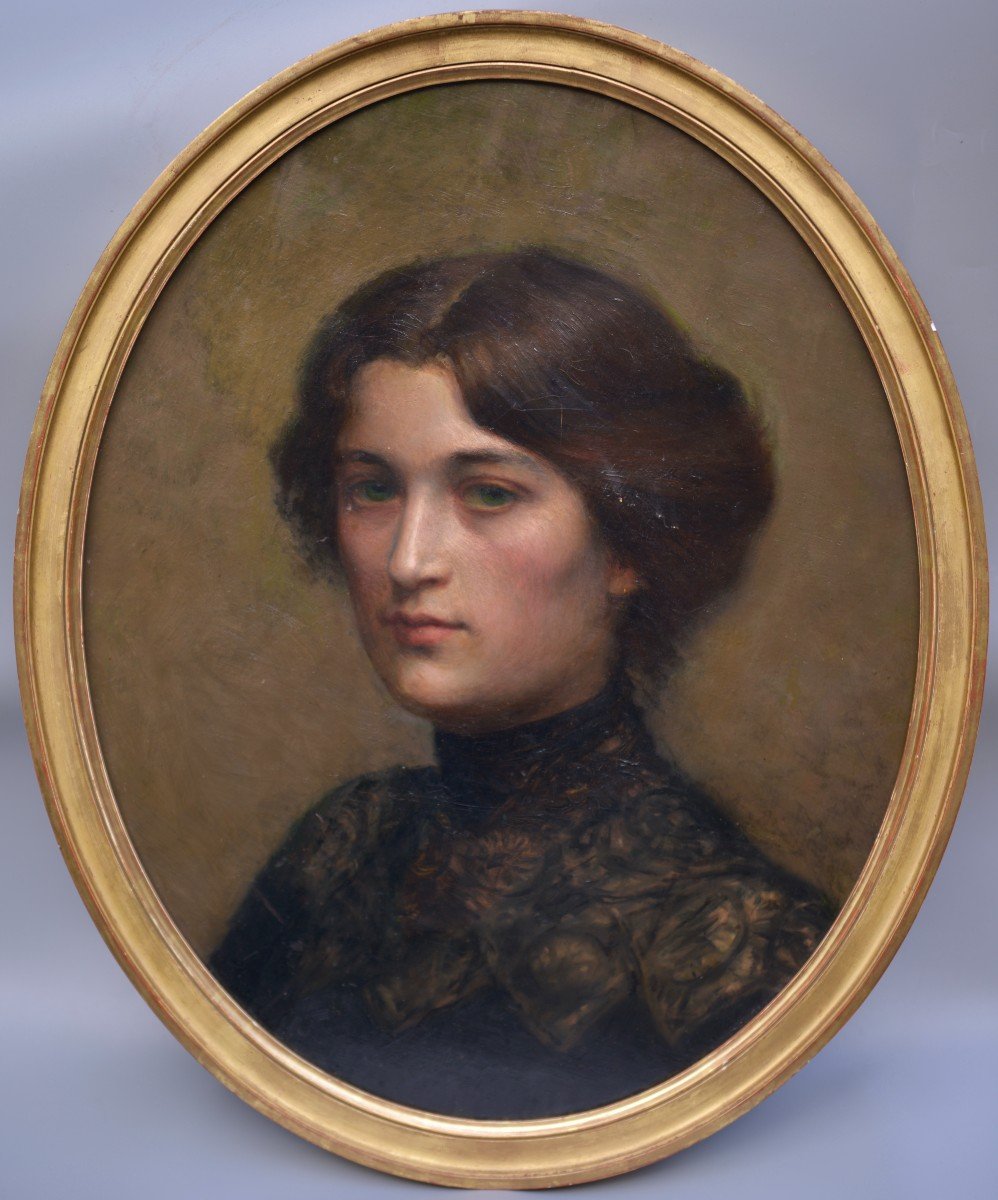 "Portrait de Jeune Femme en Robe Noire" Victor Lecomte, Huile sur Panneau vers 1900