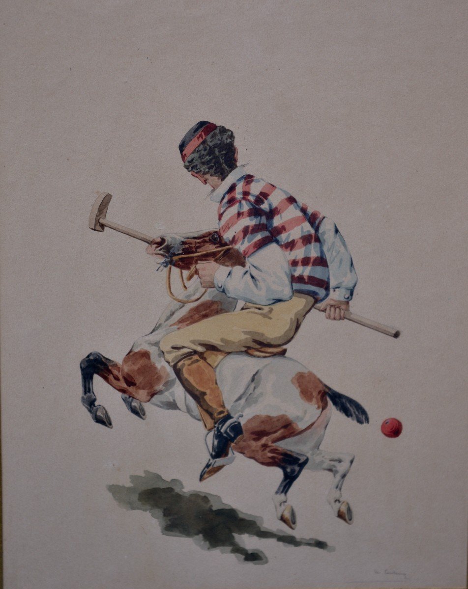 Charles De Condamy "polo Player" Watercolor Circa 1900-photo-1