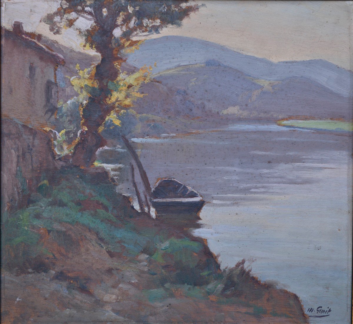 Marius Gueit "boat On A Watercourse" Oil On Wood, Early 20th Century-photo-2