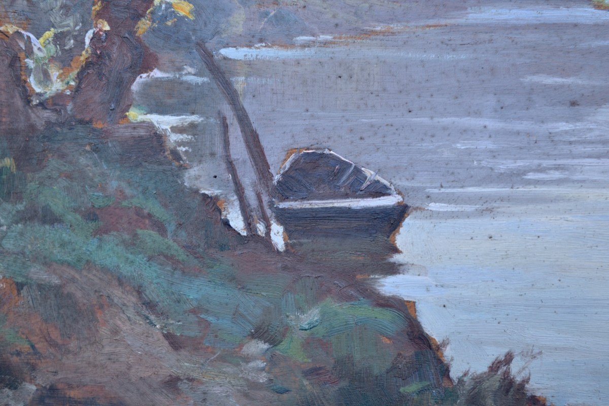 Marius Gueit "boat On A Watercourse" Oil On Wood, Early 20th Century-photo-4