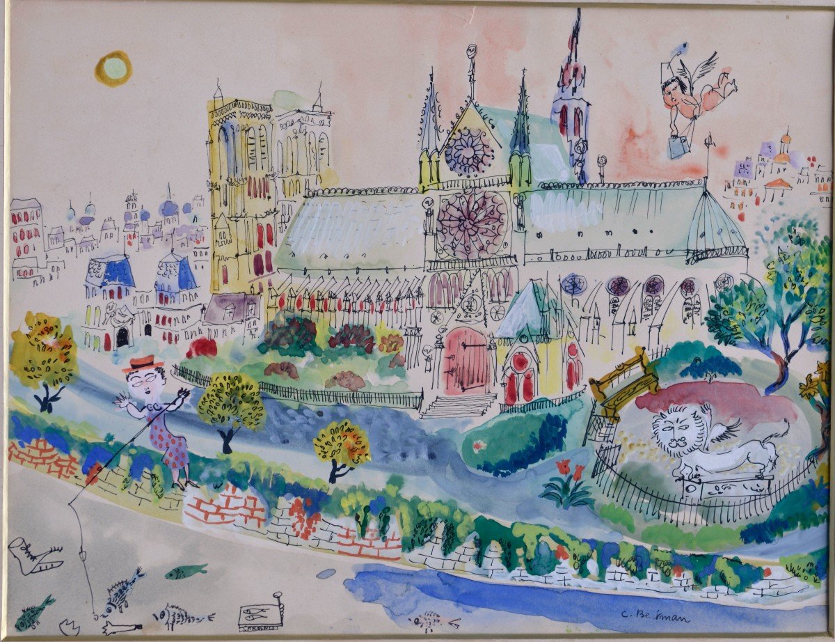 Claude Bertman " Notre-dame" Encre et Aquarelle-photo-2