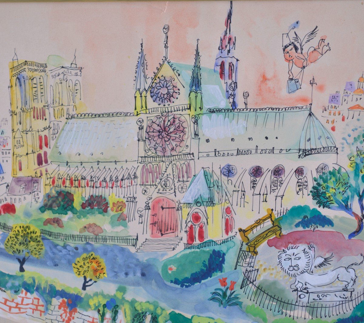 Claude Bertman " Notre-dame" Encre et Aquarelle-photo-3