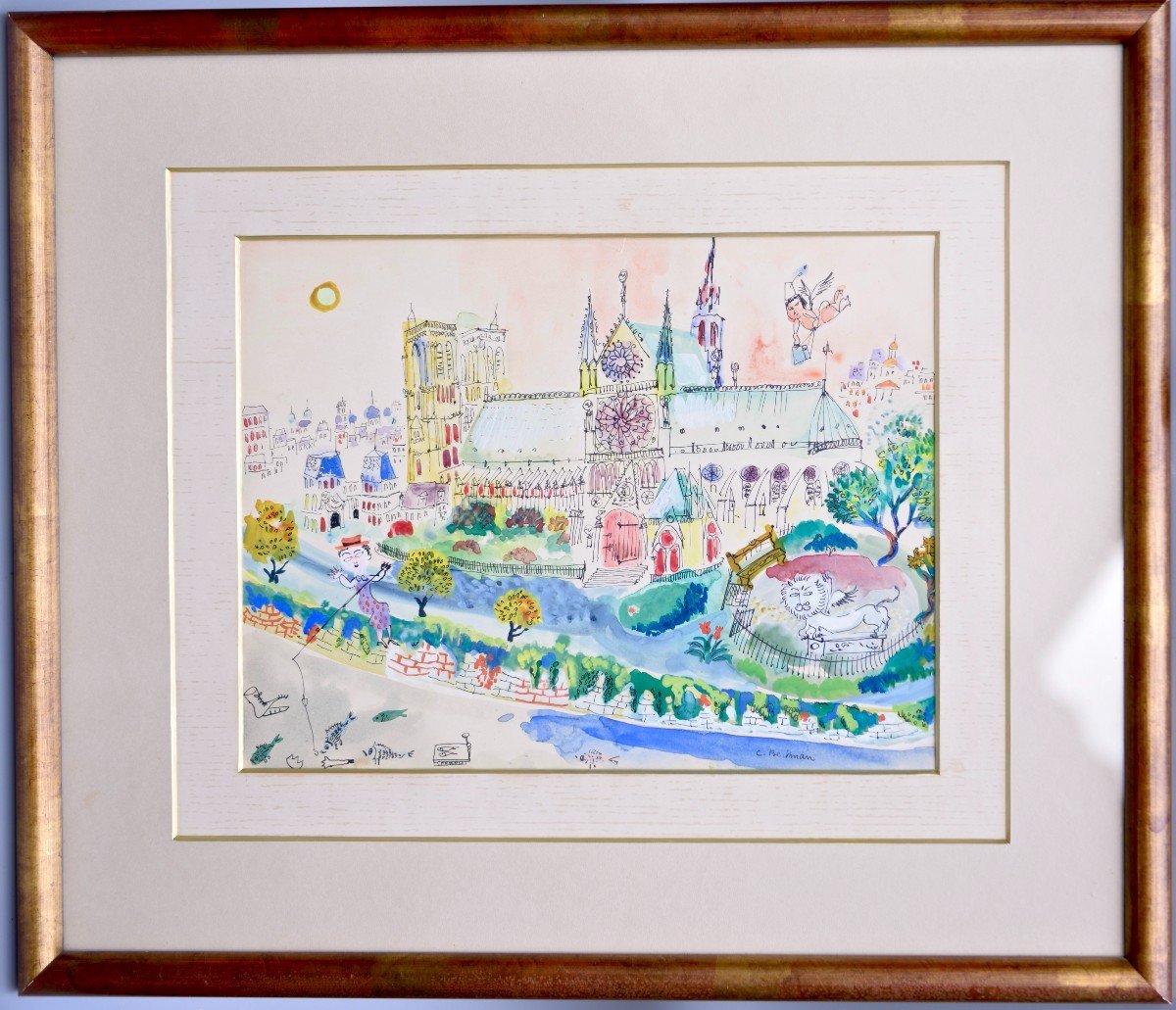 Claude Bertman " Notre-dame" Encre et Aquarelle