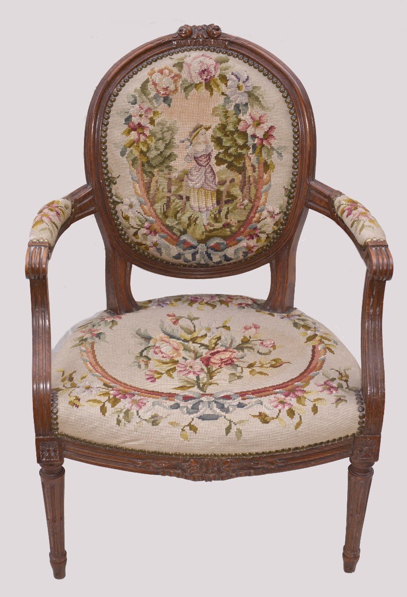 Louis XVI Style Medallion Backrest Armchair, 19th Century