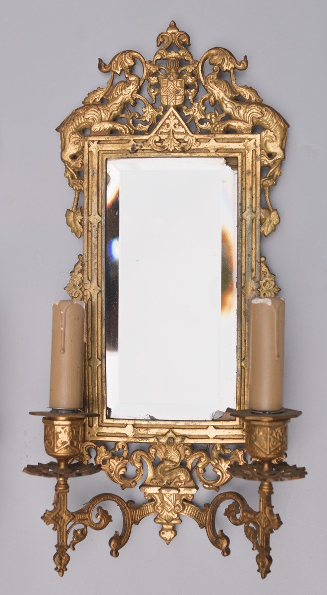 Paire de Miroirs d'Applique à 2 Feux, Bronze, 19ème-photo-2