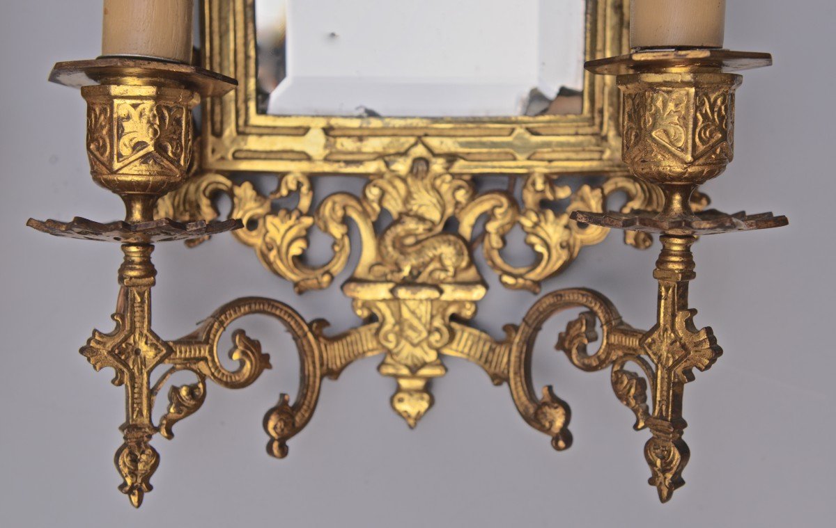 Paire de Miroirs d'Applique à 2 Feux, Bronze, 19ème-photo-2