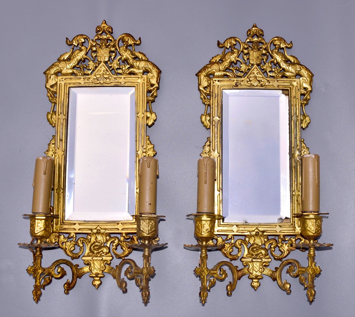 Paire de Miroirs d'Applique à 2 Feux, Bronze, 19ème