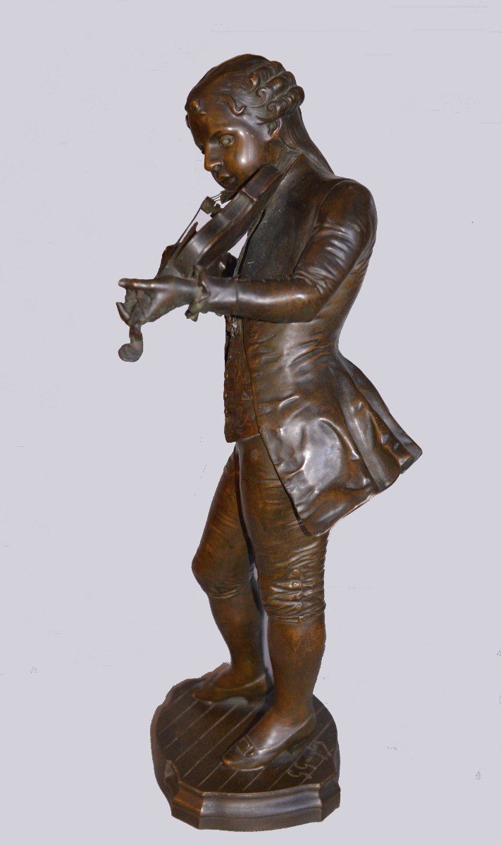 Georges Gueyton "mozart As A Child Playing The Violin" Antique Bronze-photo-2