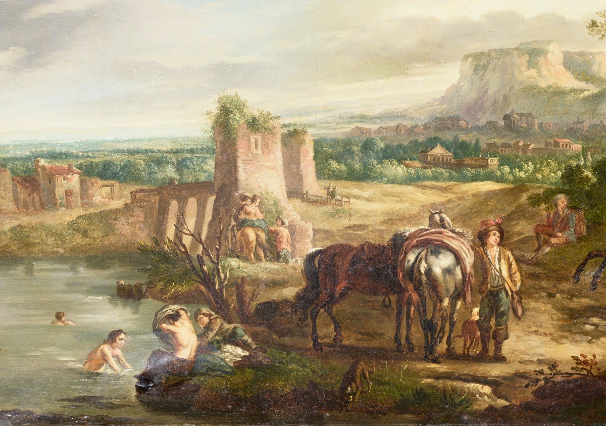 "Halte de la Chasse devant la Rivière" Huile sur toile suiveur Wouwerman-photo-3