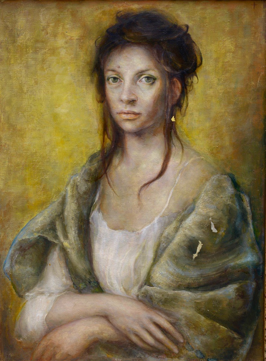 Portrait de Jeune Femme au Châle, Huile sur Toile vers 1950-photo-2