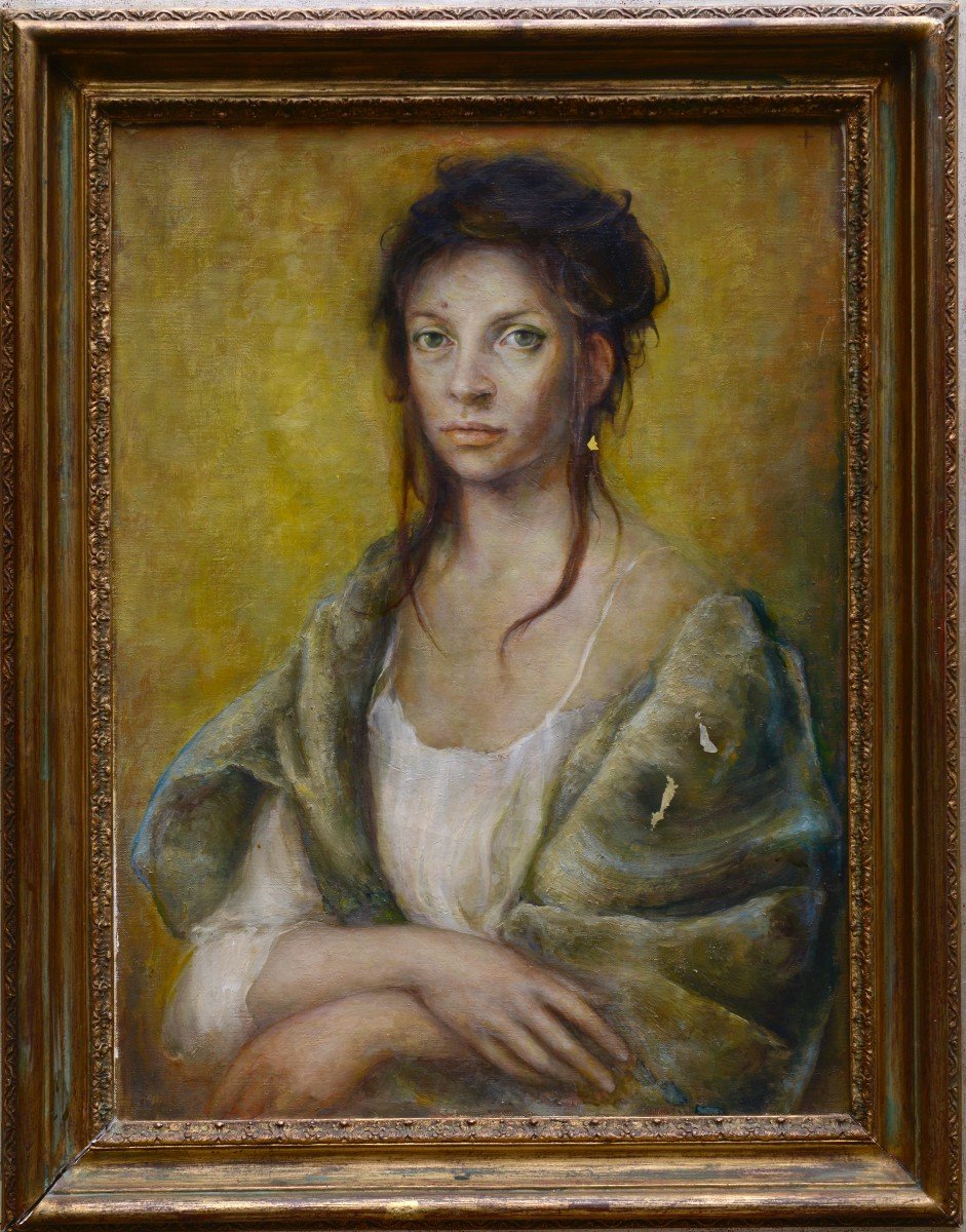 Portrait de Jeune Femme au Châle, Huile sur Toile vers 1950