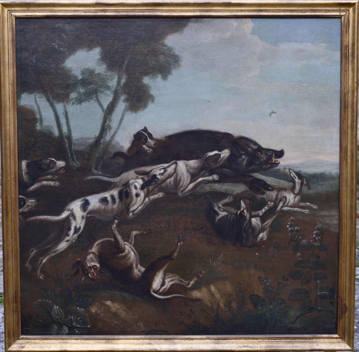 Ecole Flamande "Chasse au Sanglier" Huile sur Toile XVIIème