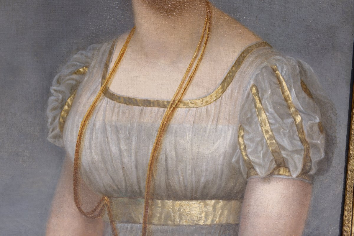 "Portrait d'une Jeune Femme de Qualité" Epoque Empire, Huile sur Toile-photo-3