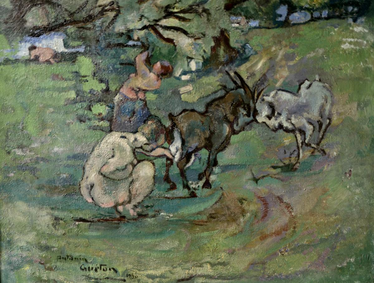 Antonin Guéton, Chèvres Et Paysannes, Huile Sur Toile 1930-photo-2