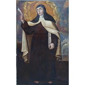 Large Portrait Of Saint Teresa Of Avila, Oil On Canvas 19th Century