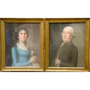 Pair Of Portraits Late 18th Century "couple Of Notables", Pastels