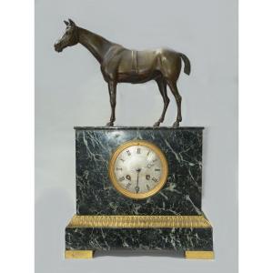 Restoration Clock "with Horse", Marble And Bronze, 19th Century, Ets Barbot Paris