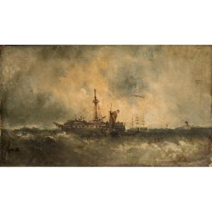 "ship In Difficulty" Oil On Canvas 19th Century