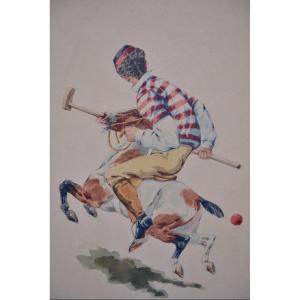 Charles De Condamy "polo Player" Watercolor Circa 1900