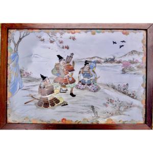 Japan Meiji Ceramic Plaque "three Samurai"