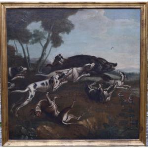 Flemish School "wild Boar Hunt" Oil On Canvas 17th Century