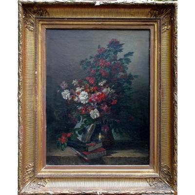 Jules Geneste, Still Life With Flowers, XIXth, Oil On Canvas