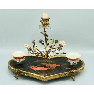 Inkwell Forming Candelabra In Chinese Lacquer, Porcelain And Gilt Bronze, 18th Century