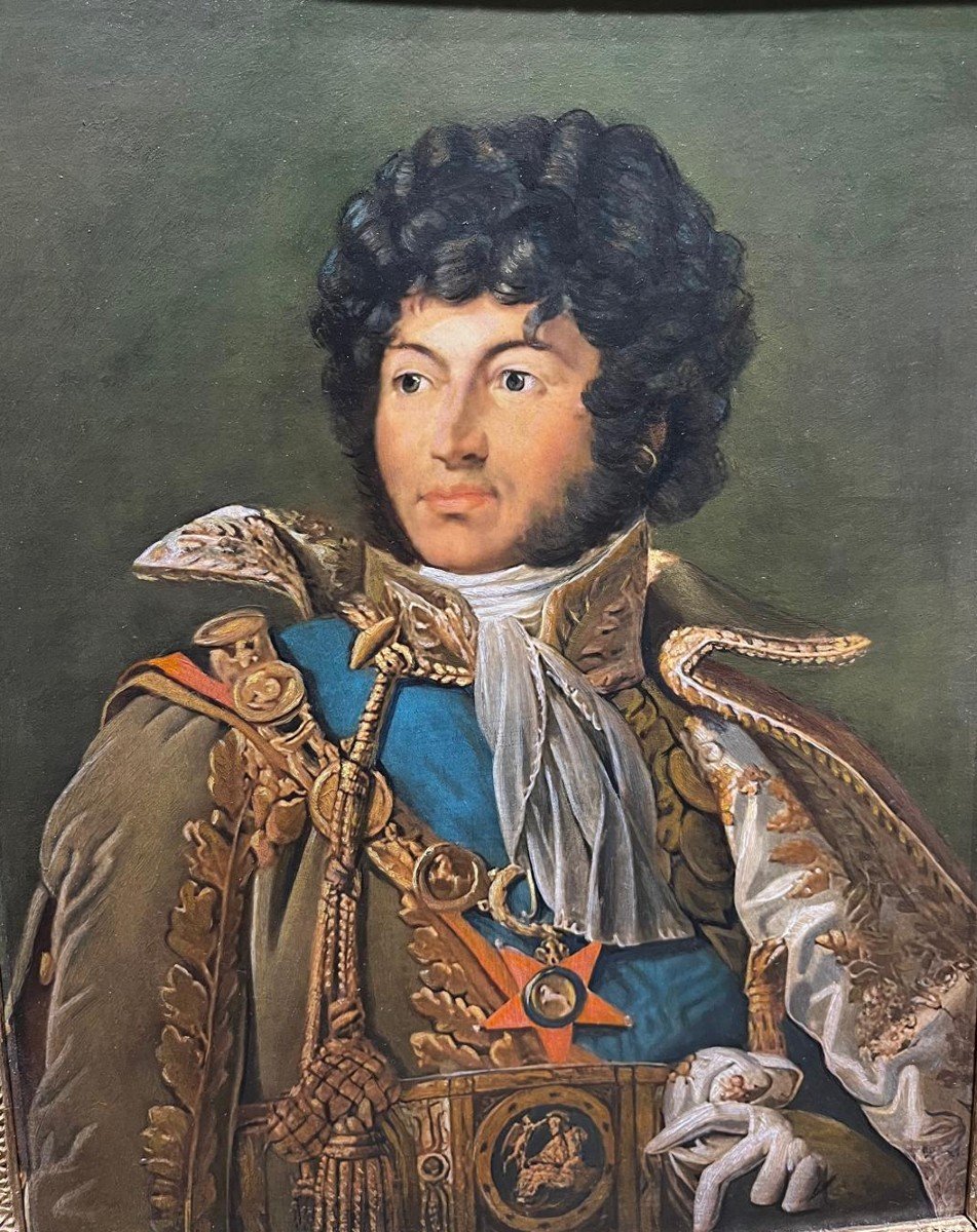 Cadre époque Empire à la feuille d'or et portrait du prince Joachim Murat (copie fait main)-photo-2