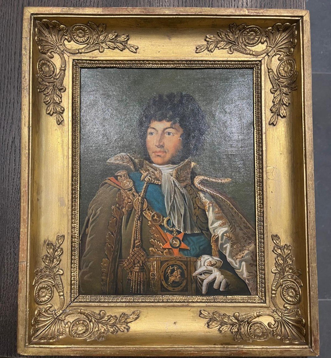 Cadre époque Empire à la feuille d'or et portrait du prince Joachim Murat (copie fait main)-photo-3