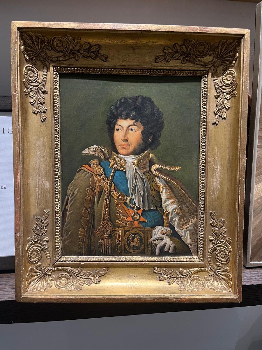 Cadre époque Empire à la feuille d'or et portrait du prince Joachim Murat (copie fait main)