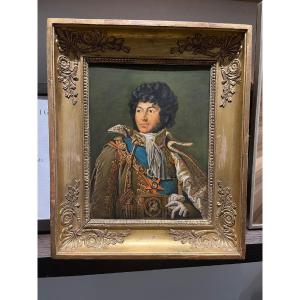 Cadre époque Empire à la feuille d'or et portrait du prince Joachim Murat (copie fait main)