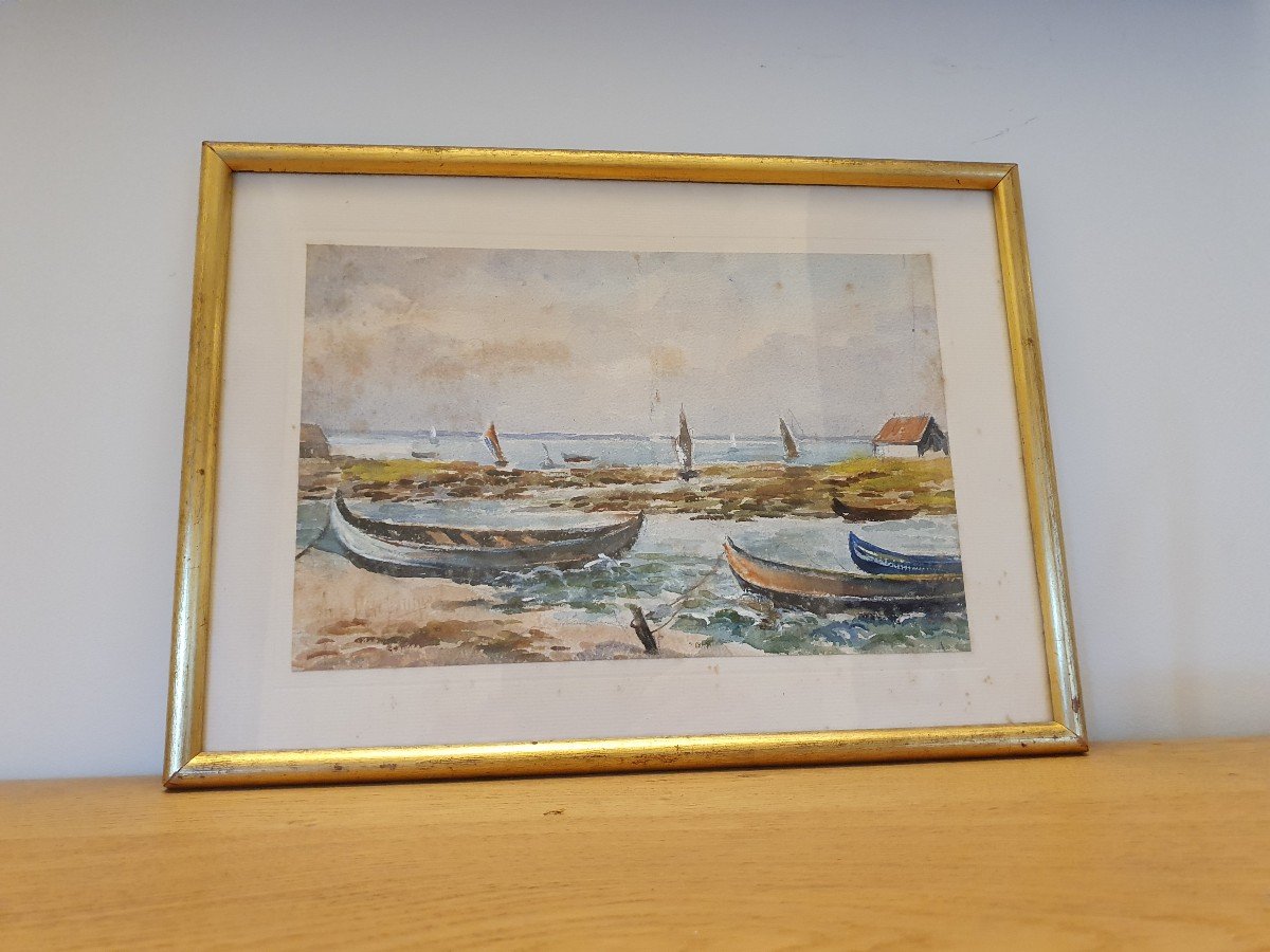 Bassin d'Arcachon, Pinassottes, Watercolor, Signed, XX°.-photo-1