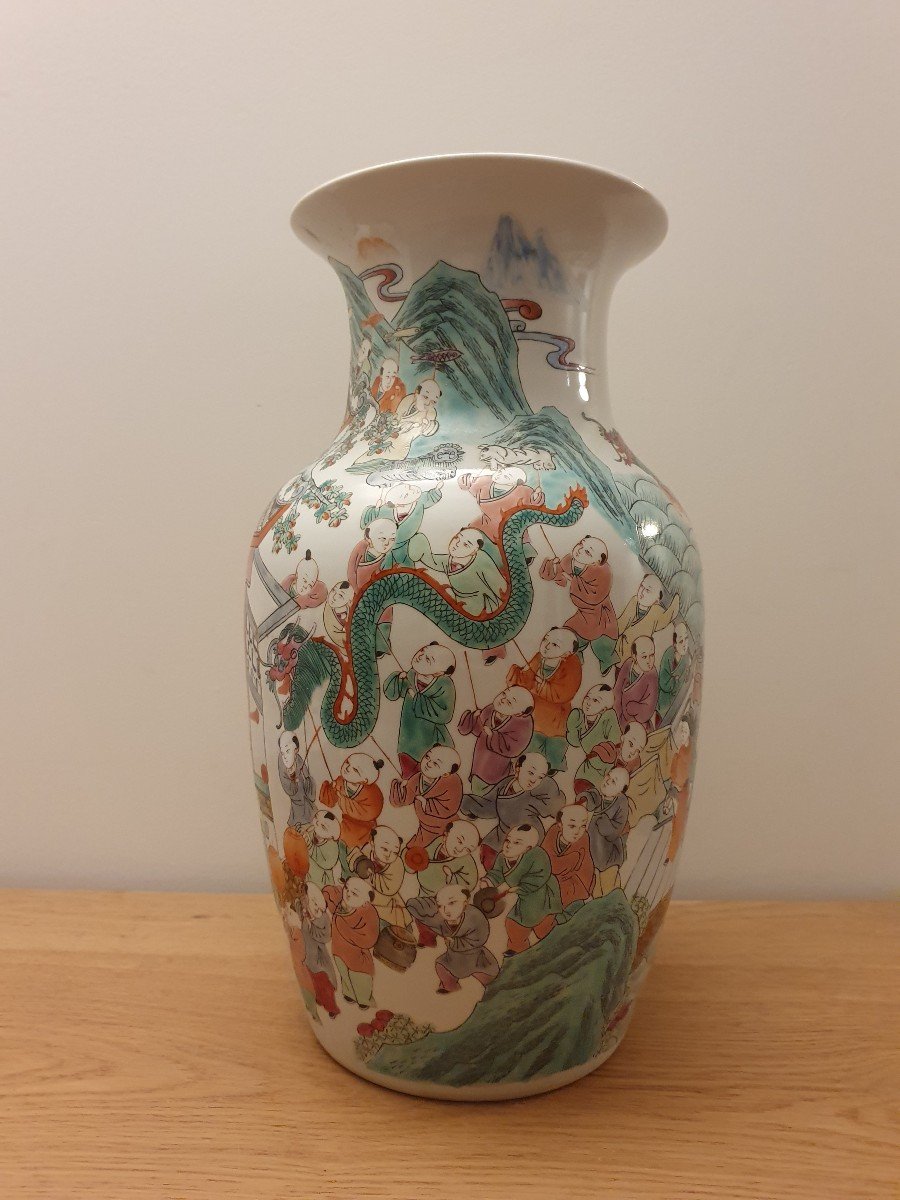 Vase Aux Cent Enfants , Porcelaine , Chine , XXème . -photo-3