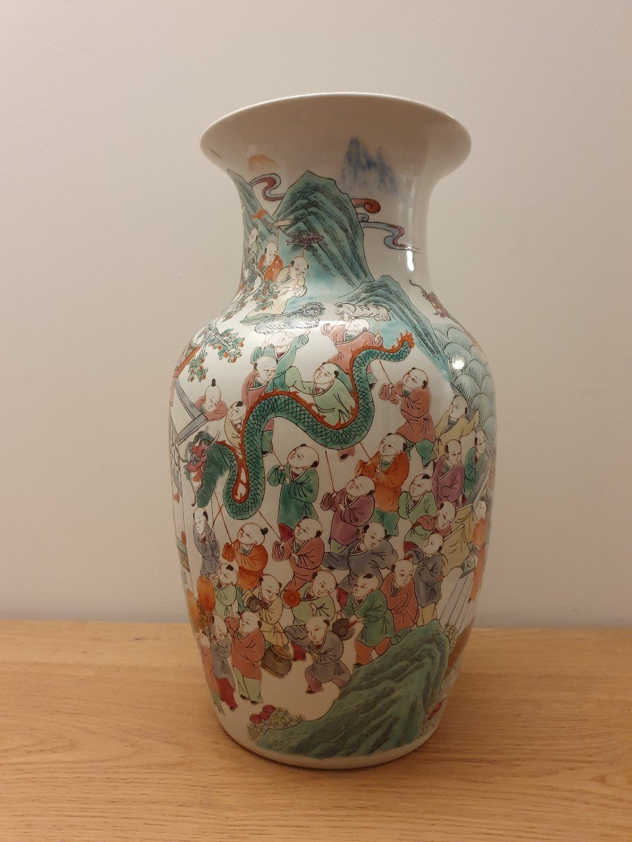 Vase Aux Cent Enfants , Porcelaine , Chine , XXème . -photo-4