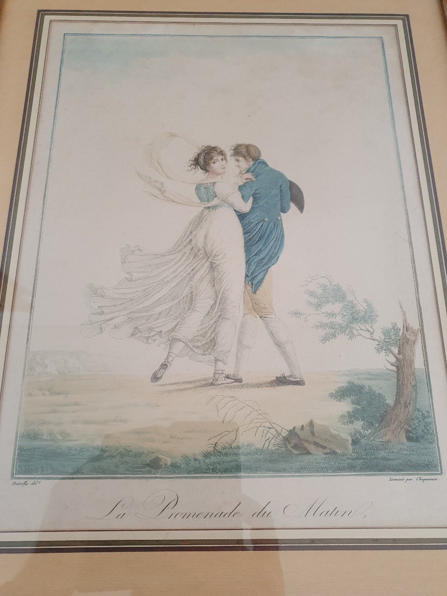 Dutailly , Chaponnier , La Promenade Du Matin , Gravure Colorée , Début XIX°. -photo-4