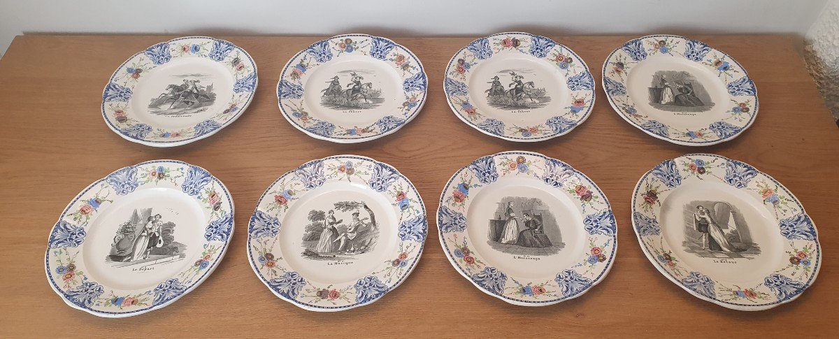 Creil And Montereau, Lebeuf And Milliet, 8 Dessert Plates, Earthenware, XIX °.