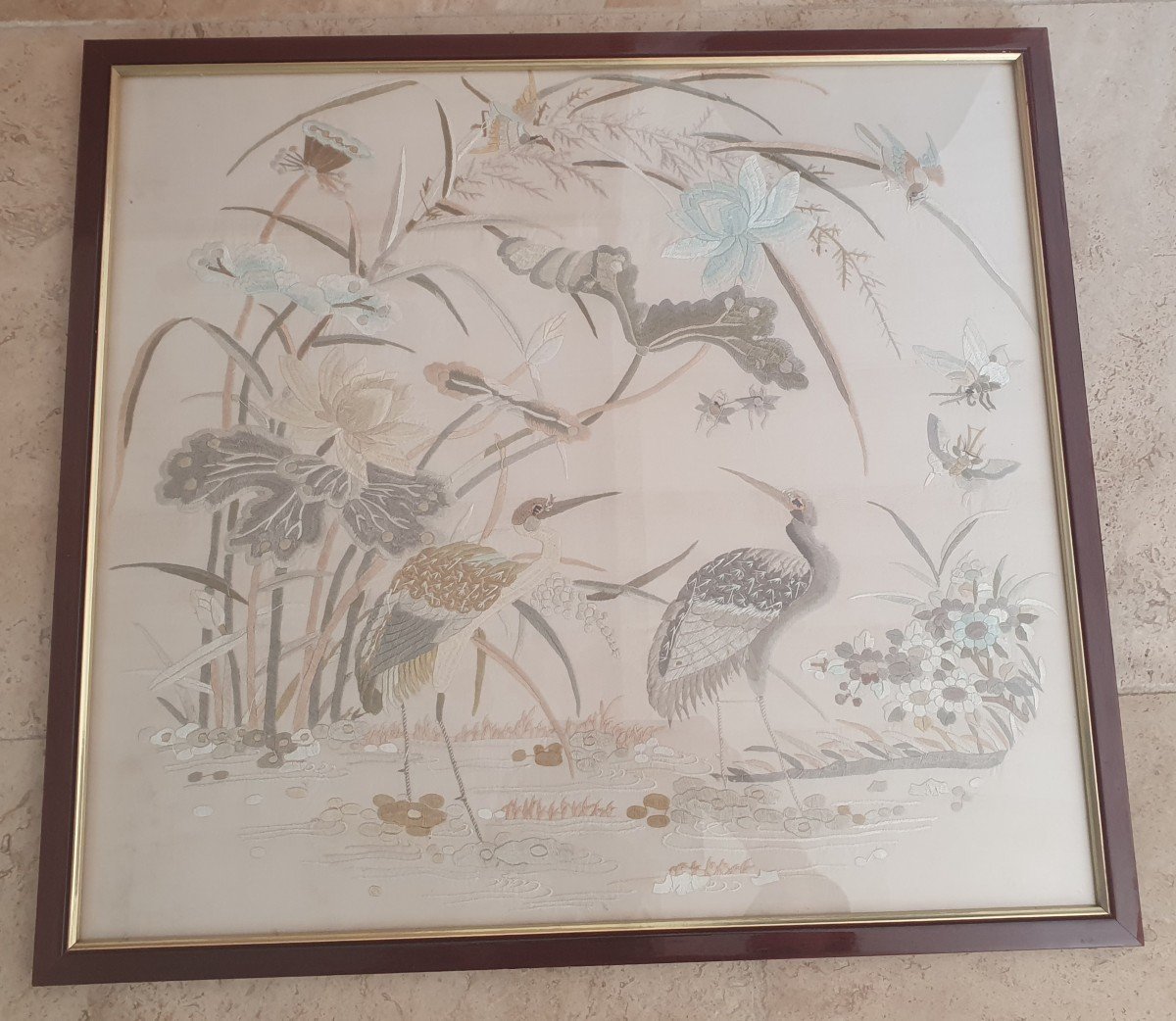 Two Cranes, Silk Embroidery, China, Framed Panel, Late 19th / Early 20th Century.