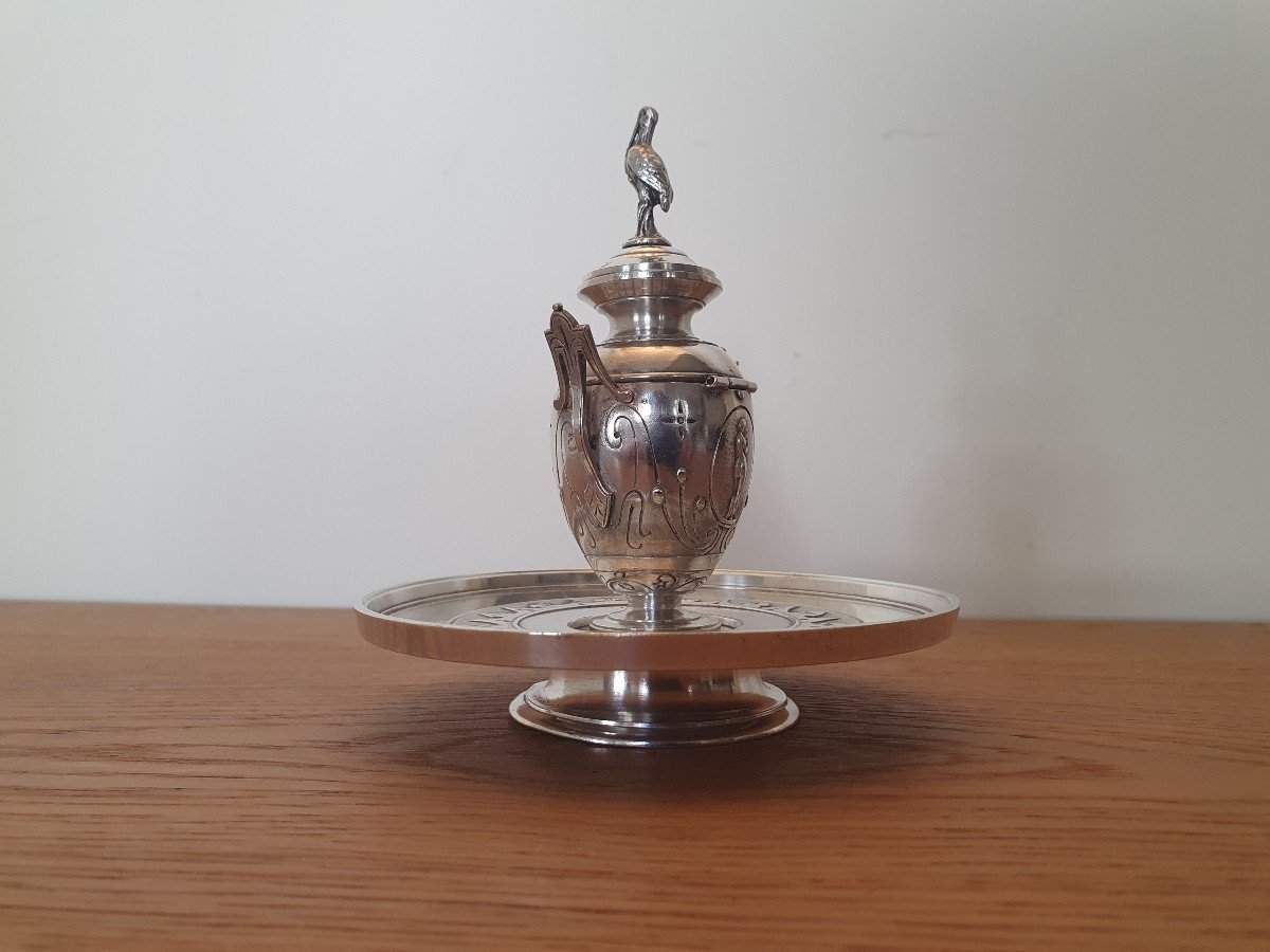 Inkwell, Neoclassical, Silver Metal, XIX°.-photo-3