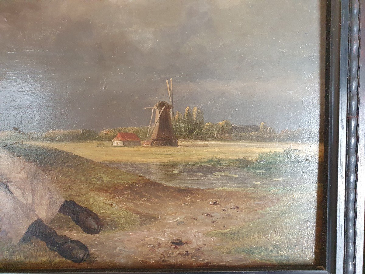 Dutch School, Peasant Alangui Landscape At The Mill, Oil On Panel, XIX °.-photo-3