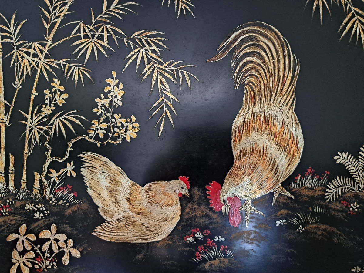 Rooster And Hen, Lacquer Panel, Viet Nam, XX°.-photo-3