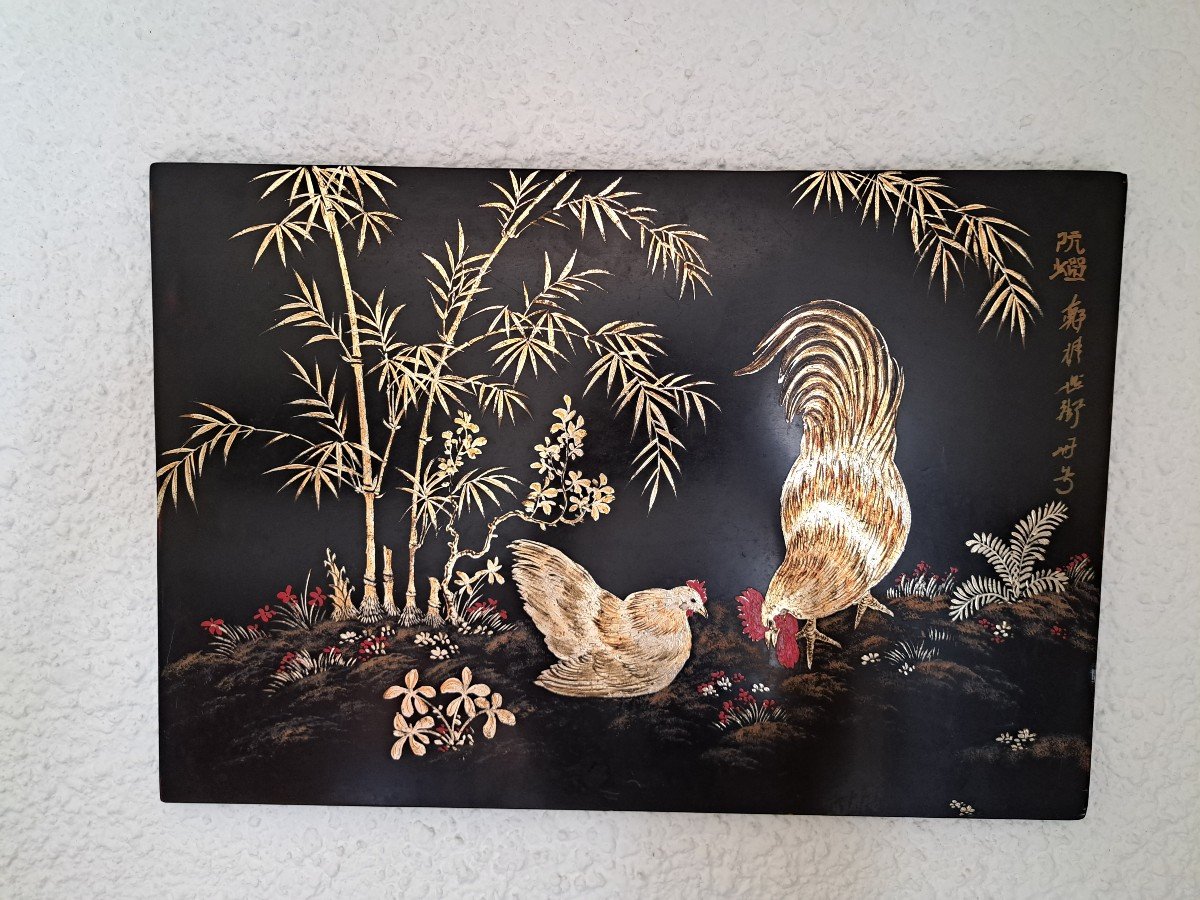 Rooster And Hen, Lacquer Panel, Viet Nam, XX°.