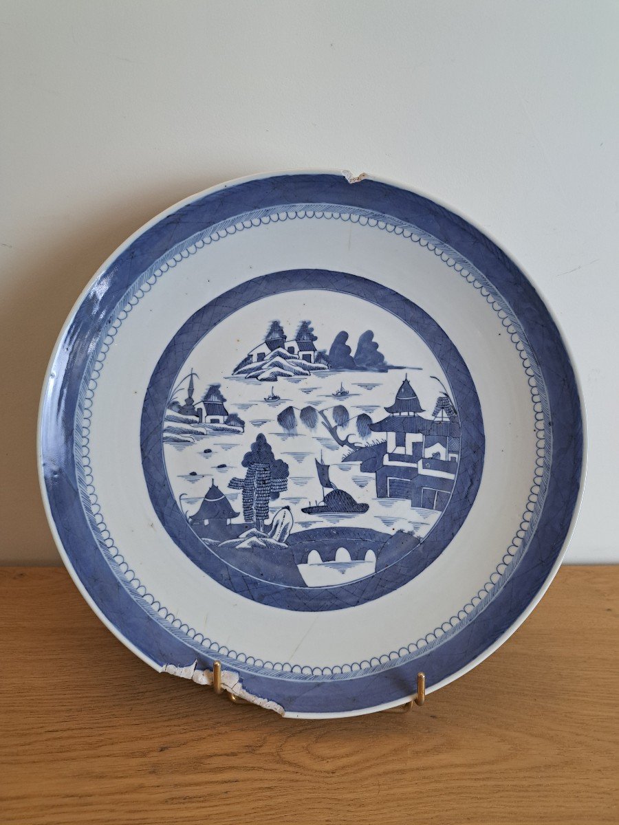 China, Large Dish, White Blue Porcelain, XIX °.-photo-2