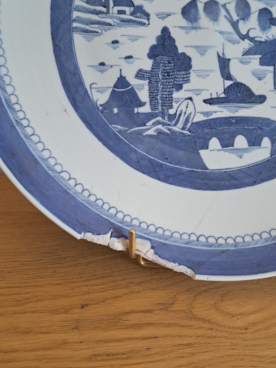 China, Large Dish, White Blue Porcelain, XIX °.-photo-4
