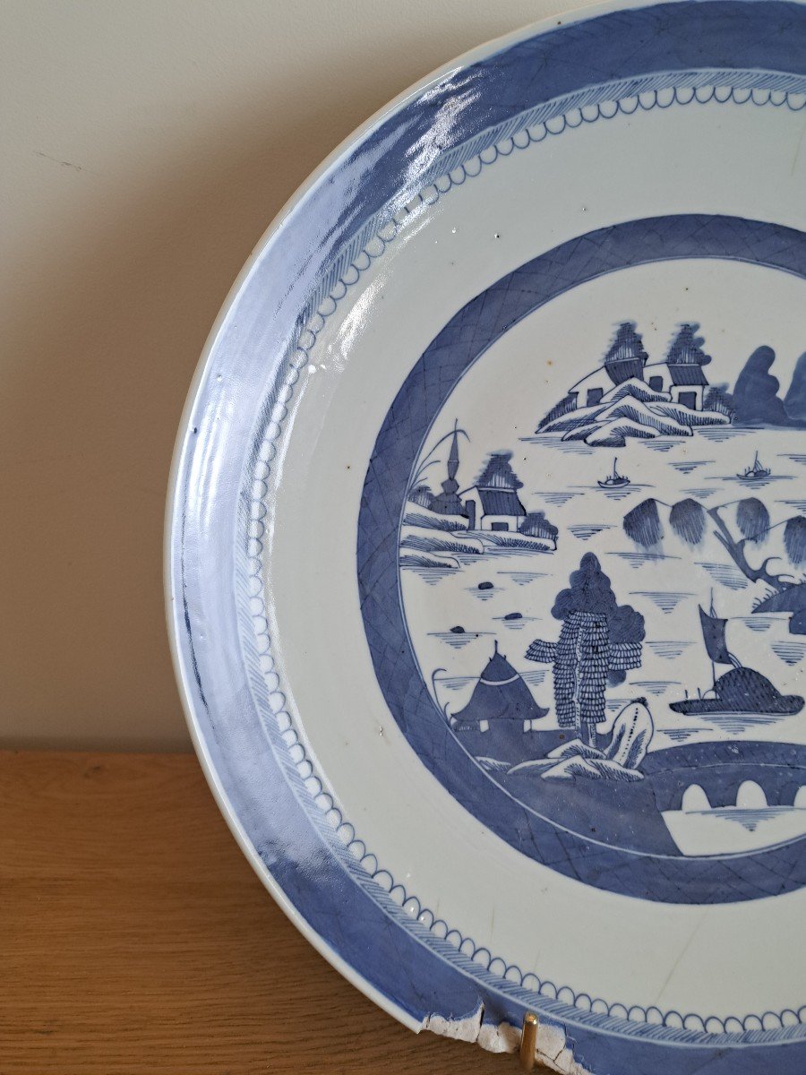 China, Large Dish, White Blue Porcelain, XIX °.-photo-3