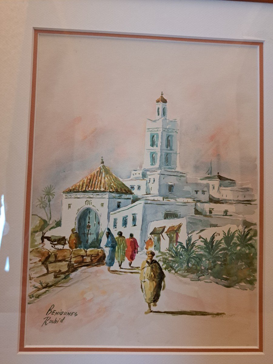 Rachid Beniounes , Paire De Vue De Villages Marocains , Aquarelle , XX°. -photo-1