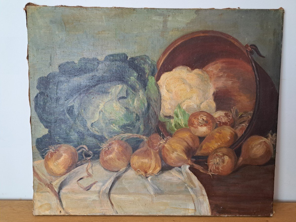 Nature Morte Au Chaudron , Huile Sur Toile , Début XX°. -photo-2