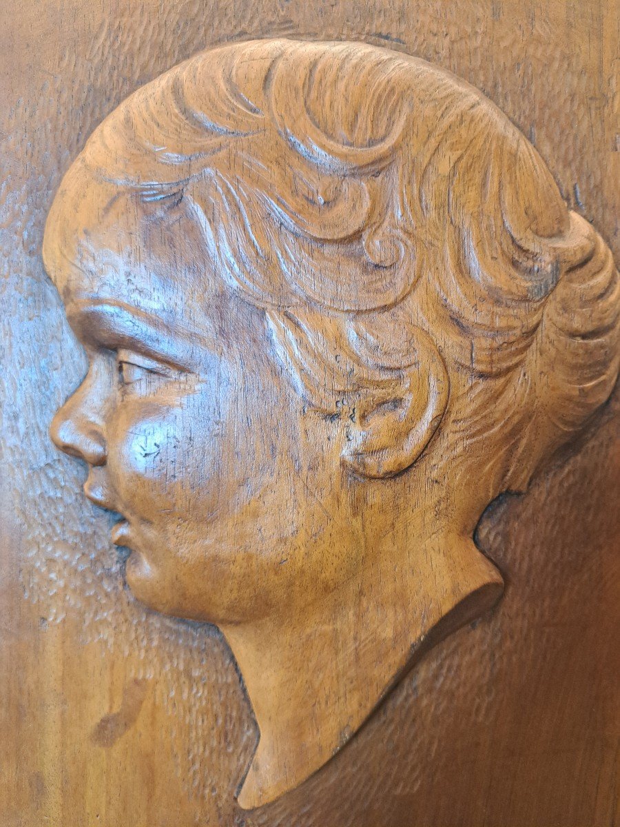 Jean Degeilh , Profil d'Enfant , Panneau De Bois Sculpté , XX°. -photo-3